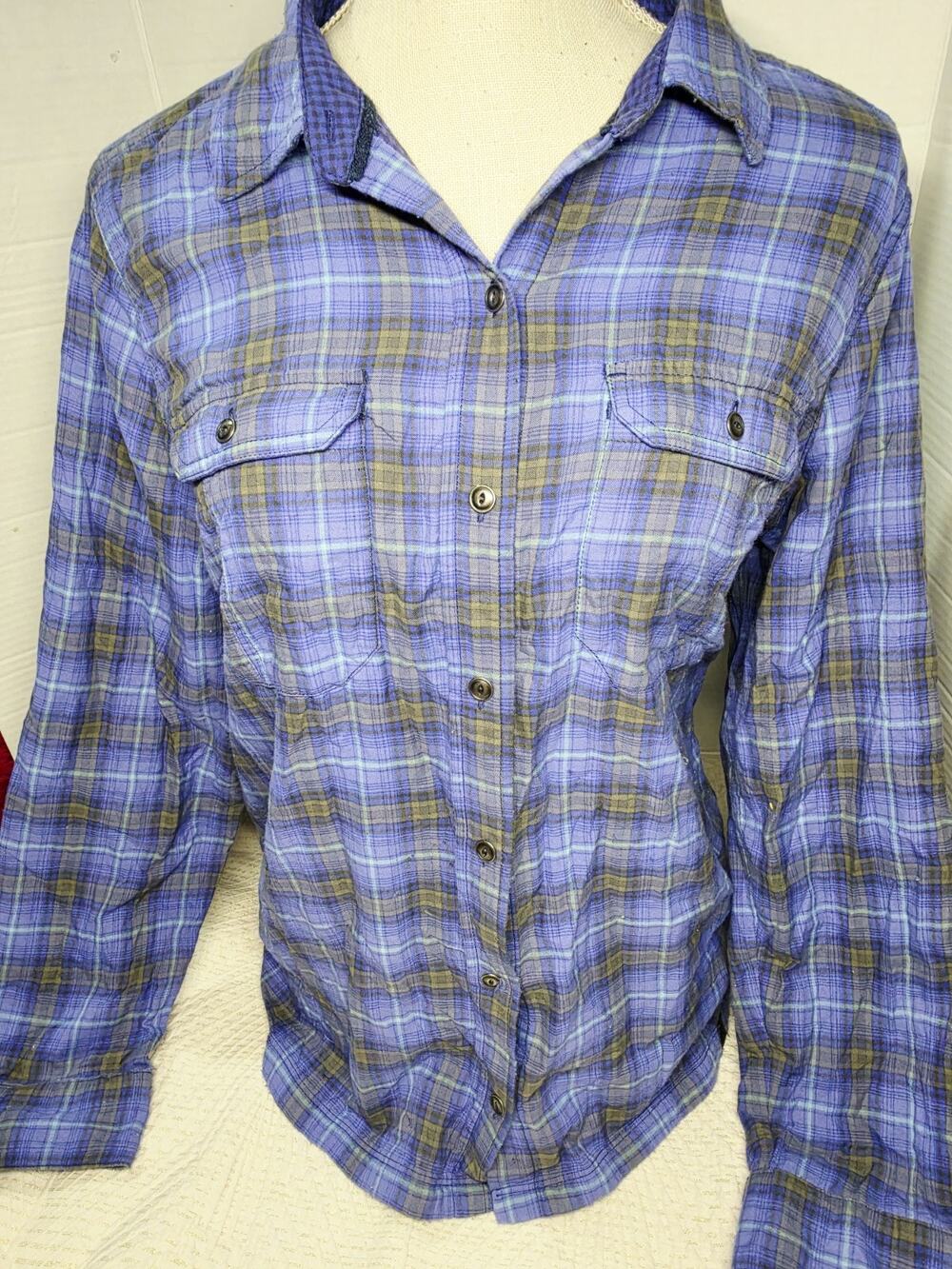 L.L.Bean Blue Plaid Nylon Shirt Buttonup Shirt Women Sz L Bella Twilight Y2K